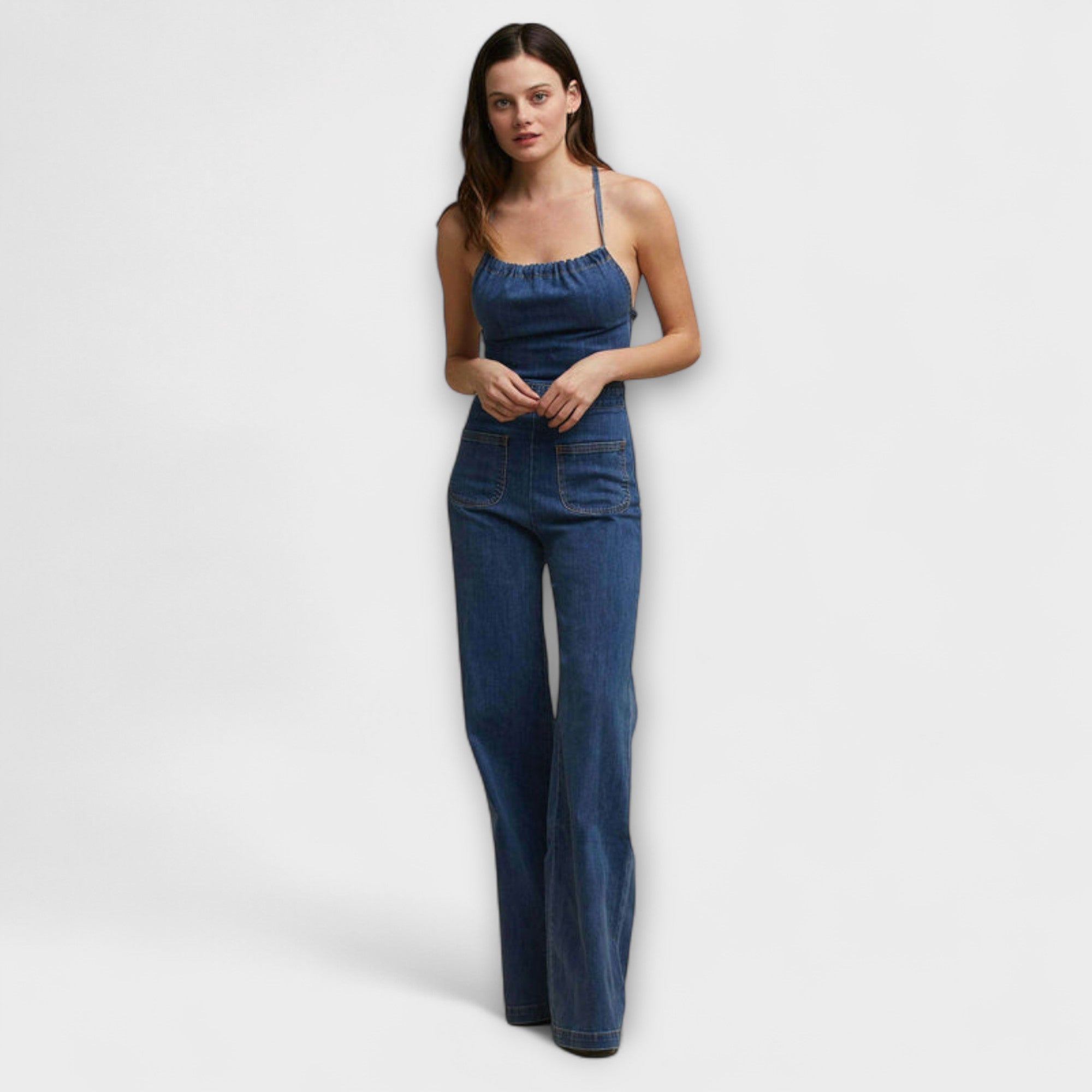 Julie - Flared Denim Jumpsuit with Tie Detail